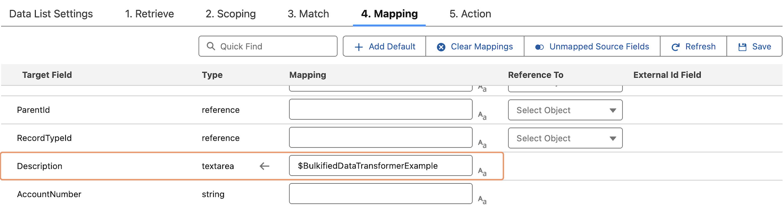 Reference the SalesforceDataTransformer class in a target field's mapping