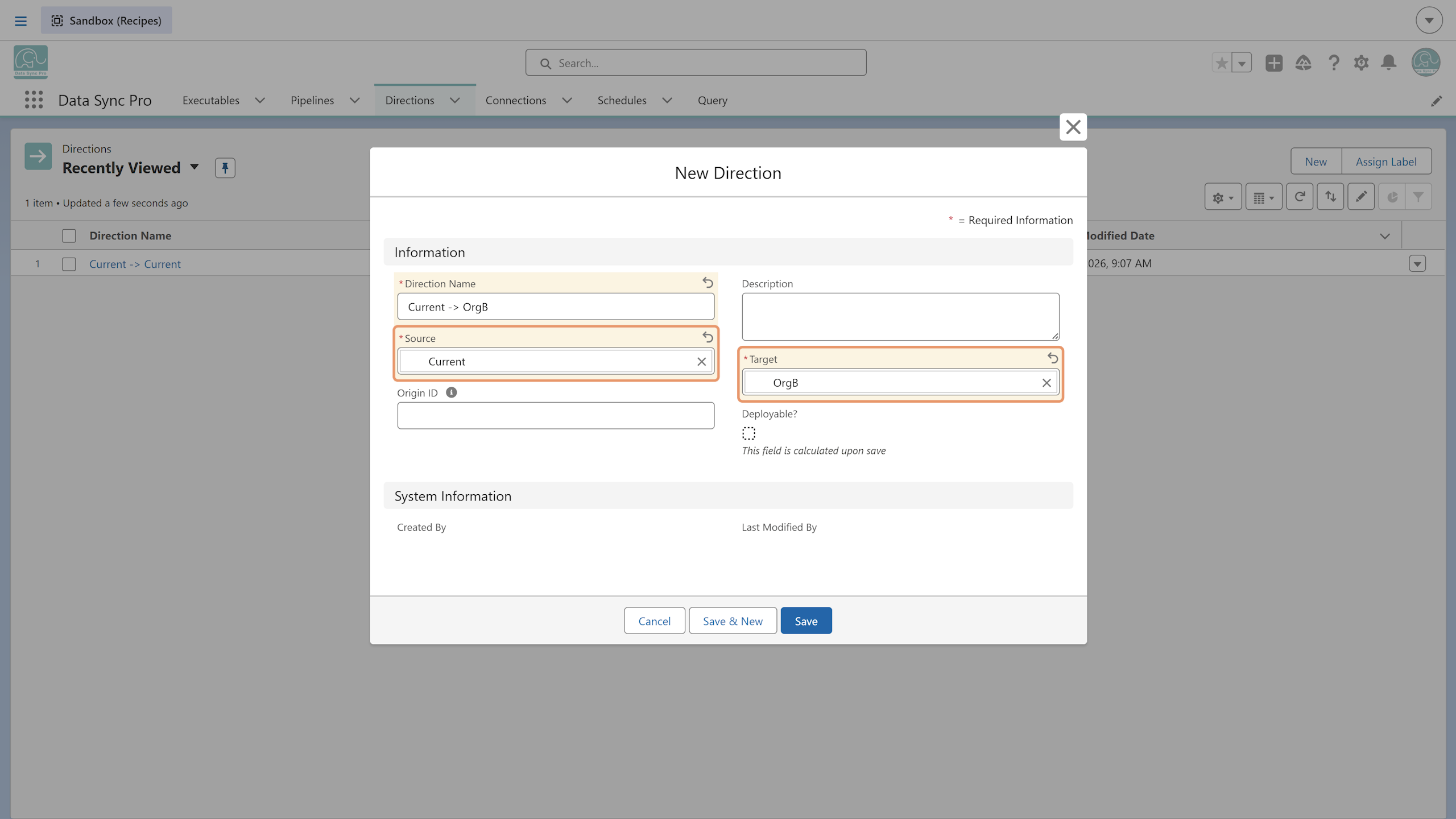 New Direction form with required fields