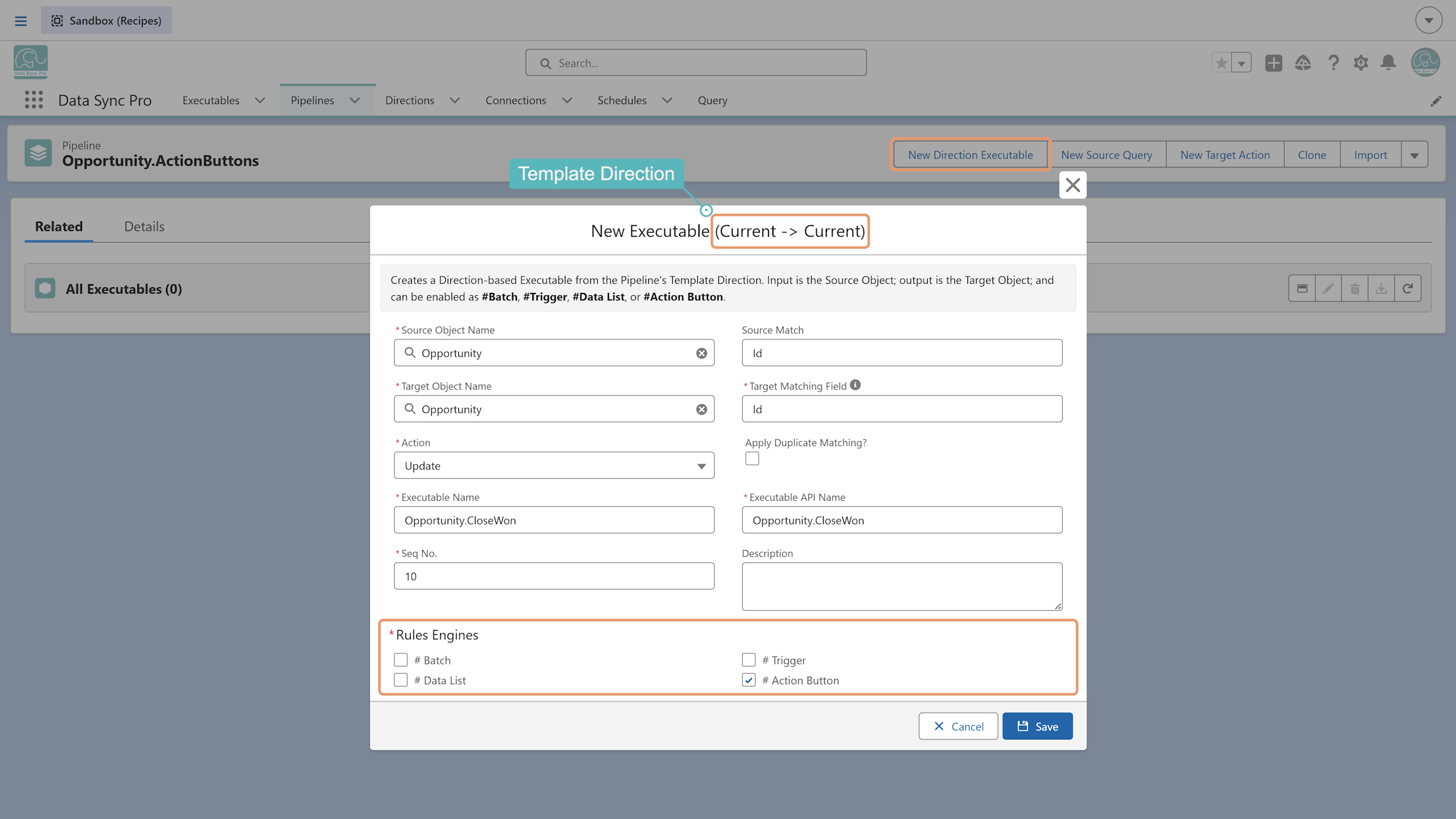 New Direction Executable dialog opened from a Pipeline