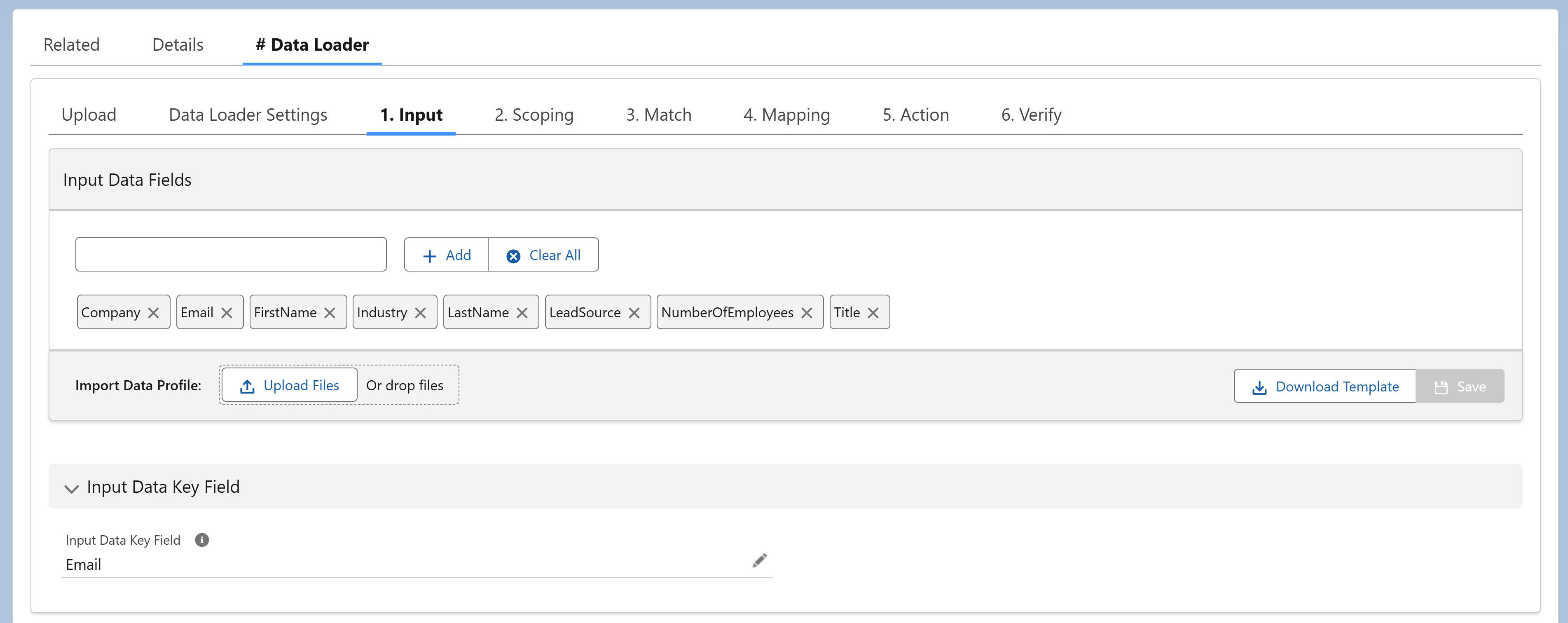 Input step defining CSV column structure for Data Loader