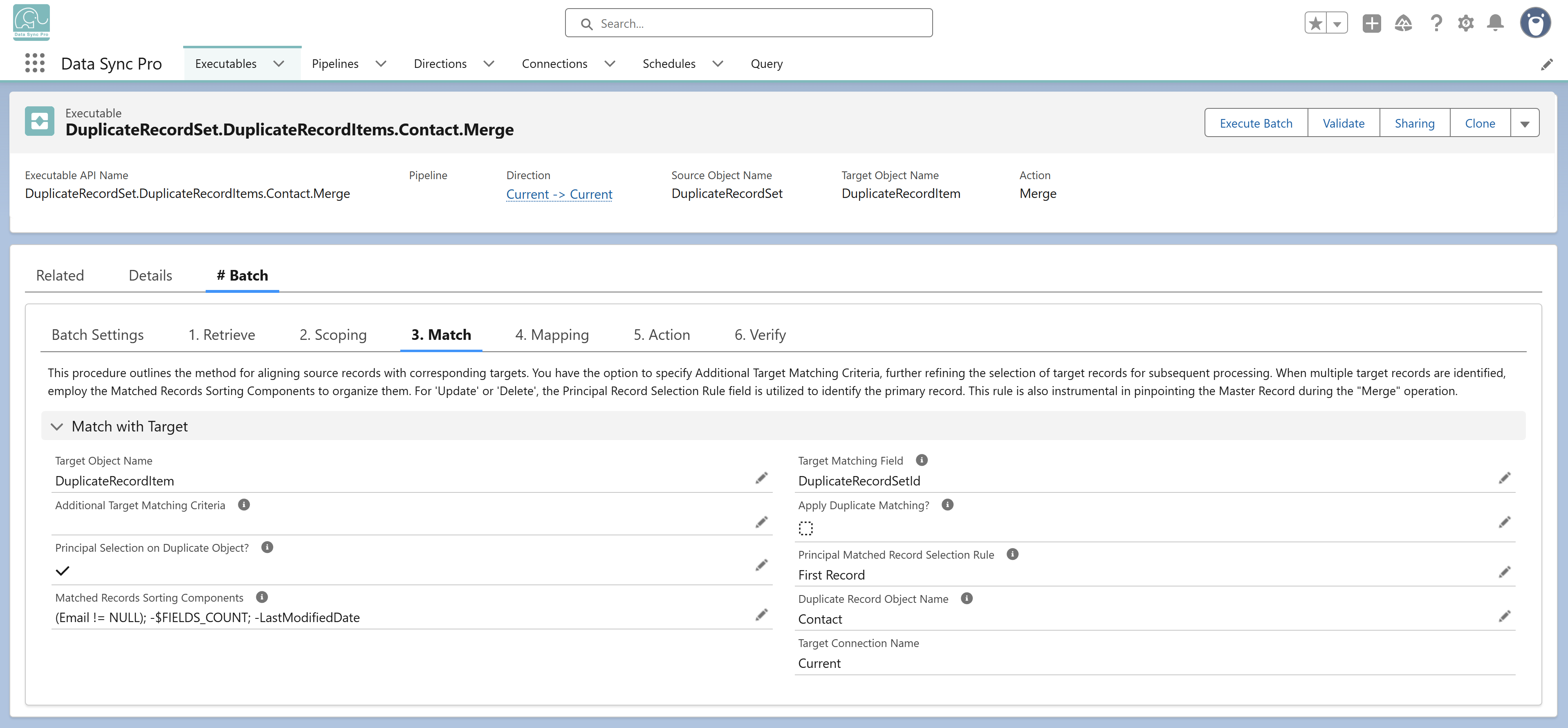 Match step linking source records to target records