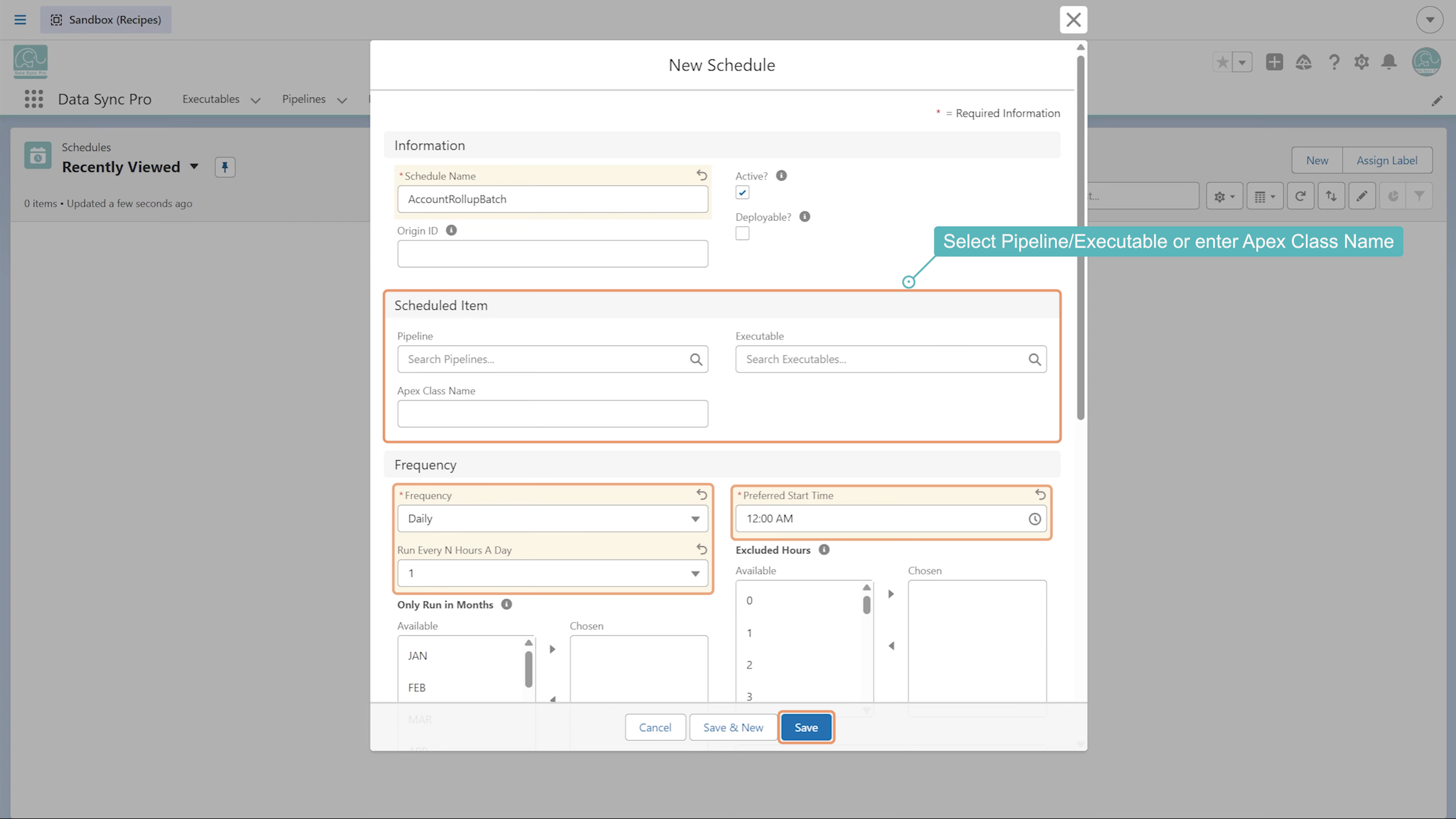 New Schedule form with cron expression and target Executable/Pipeline
